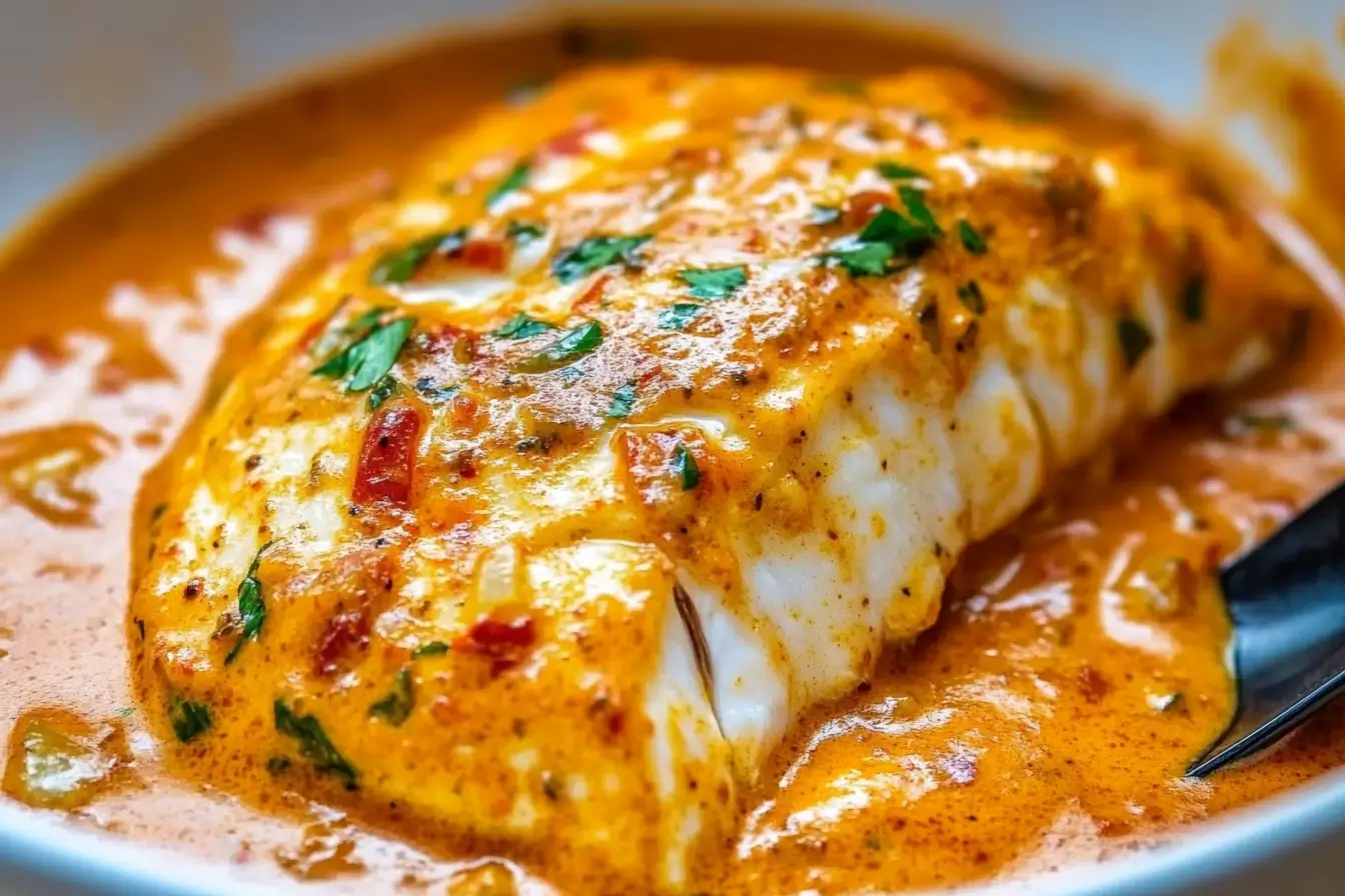 A white bowl holds flaky tilapia fillets bathed in a creamy roasted pepper sauce, a vibrant Seafood dish featuring roasted peppers, smooth sauce, and fresh herbs.
