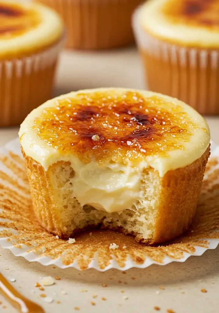 Vanilla Crème Brûlée Cheesecake Cupcake with a bite taken out, showing silky vanilla bean filling and a crackly brûlée topping on soft cake