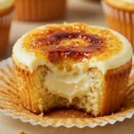 Close-up of Vanilla Crème Brûlée Cheesecake Cupcakes with a caramelized sugar top, creamy cheesecake center, and graham cracker crust in a liner