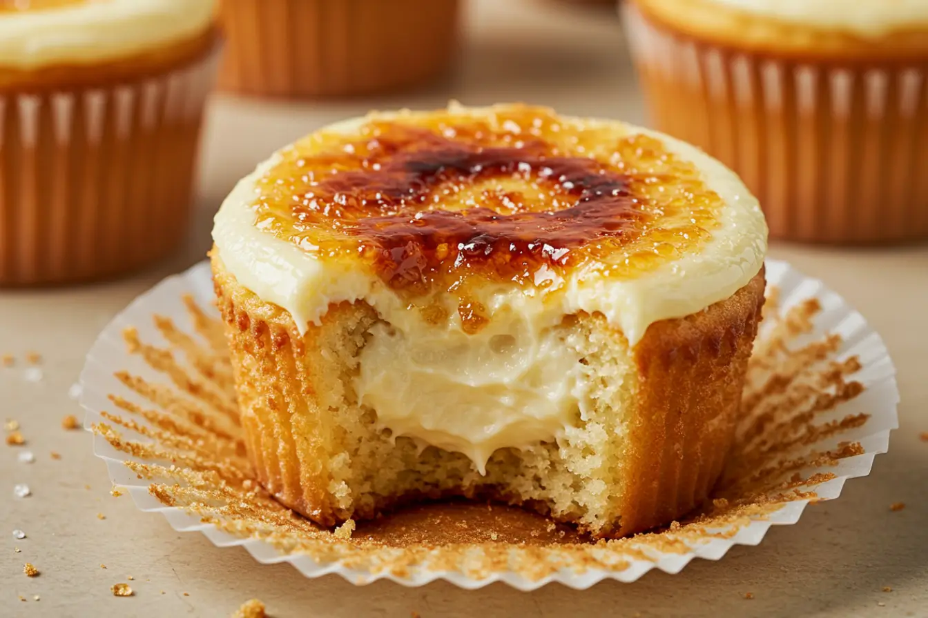 Close-up of Vanilla Crème Brûlée Cheesecake Cupcakes with a caramelized sugar top, creamy cheesecake center, and graham cracker crust in a liner