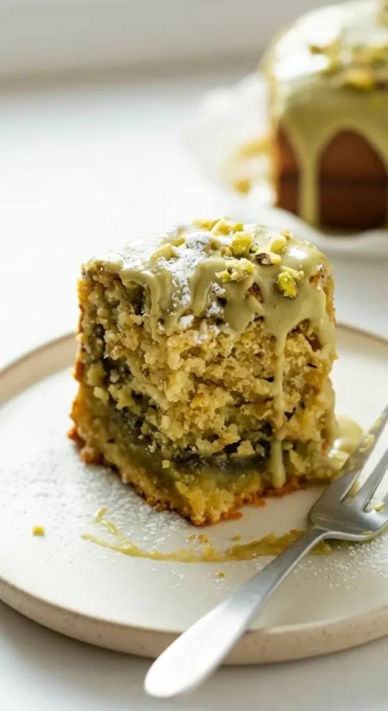 Vegan Pistachio Coffee Cake slice topped with chopped pistachios and silky glaze, dairy free coffee cake for brunch