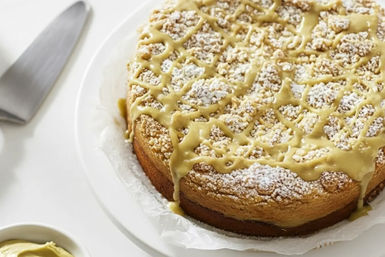 Close up slice of Vegan Pistachio Coffee Cake with pistachio cream glaze, moist crumb