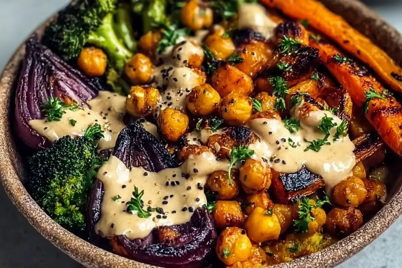 A nourishing dinner scene shows a speckled bowl packed with roasted vegetables, roasted veggies chickpeas, and ribbons of tahini dressing, embodying a Vegan Roasted Vegetable and Chickpea Bowl with Tahini Sauce that mirrors roasted veggie tahini bowls and aligns with healthy recipes that celebrate tahini.