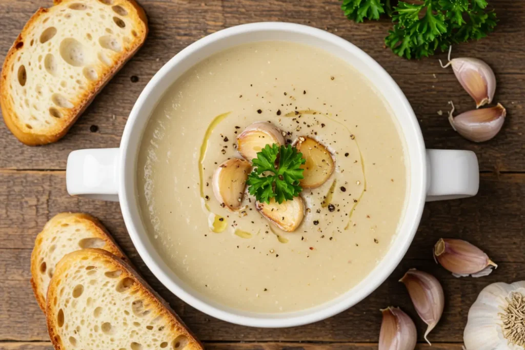 A white bowl filled with Velvety Country French Garlic Soup, a creamy French Soup topped with roasted garlic cloves, parsley, cracked pepper, and a slice of crusty bread, perfect for Soup Recipes fans who love Garlic Soup and French Cooking on a chilly day.