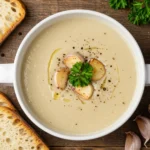 A white bowl filled with Velvety Country French Garlic Soup, a creamy French Soup topped with roasted garlic cloves, parsley, cracked pepper, and a slice of crusty bread, perfect for Soup Recipes fans who love Garlic Soup and French Cooking on a chilly day.