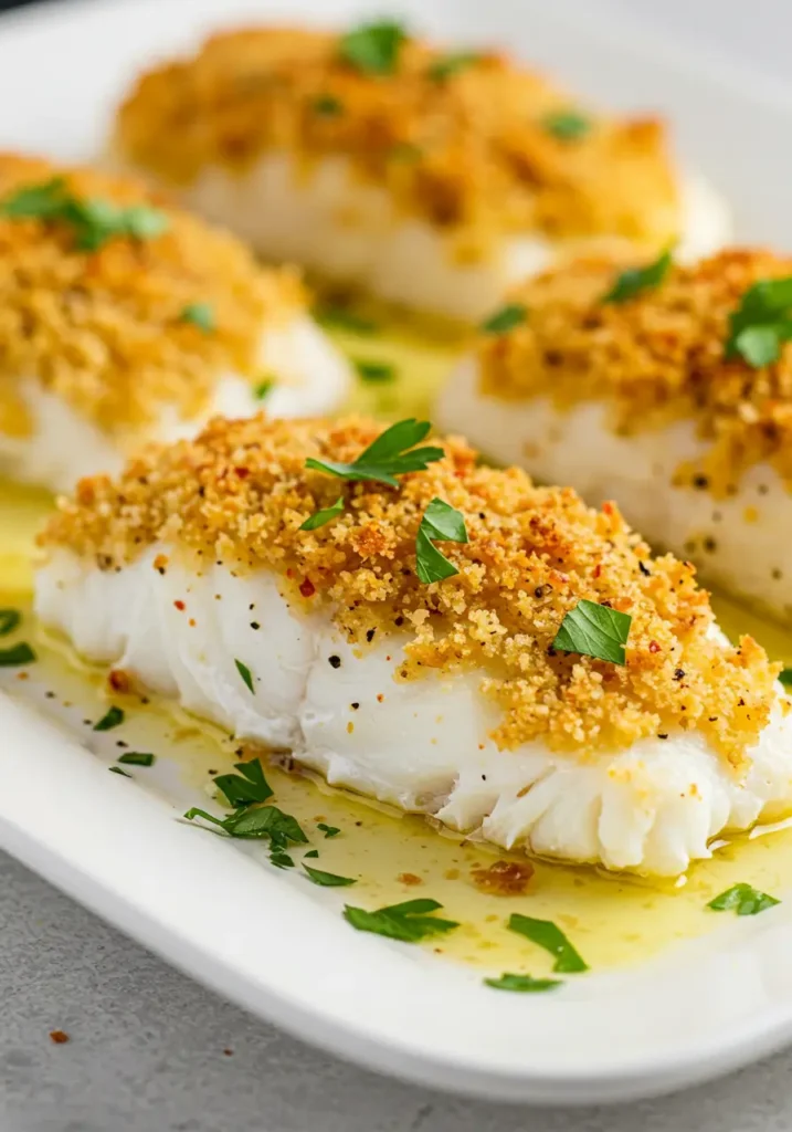 Easy Boston baked cod fillets, golden crisp crumbs and tender flakes, garnished with parsley for a weeknight seafood dinner