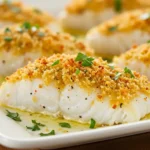 Boston baked cod with buttery breadcrumb topping on a white platter, flaky white fish with parsley and lemon butter sauce