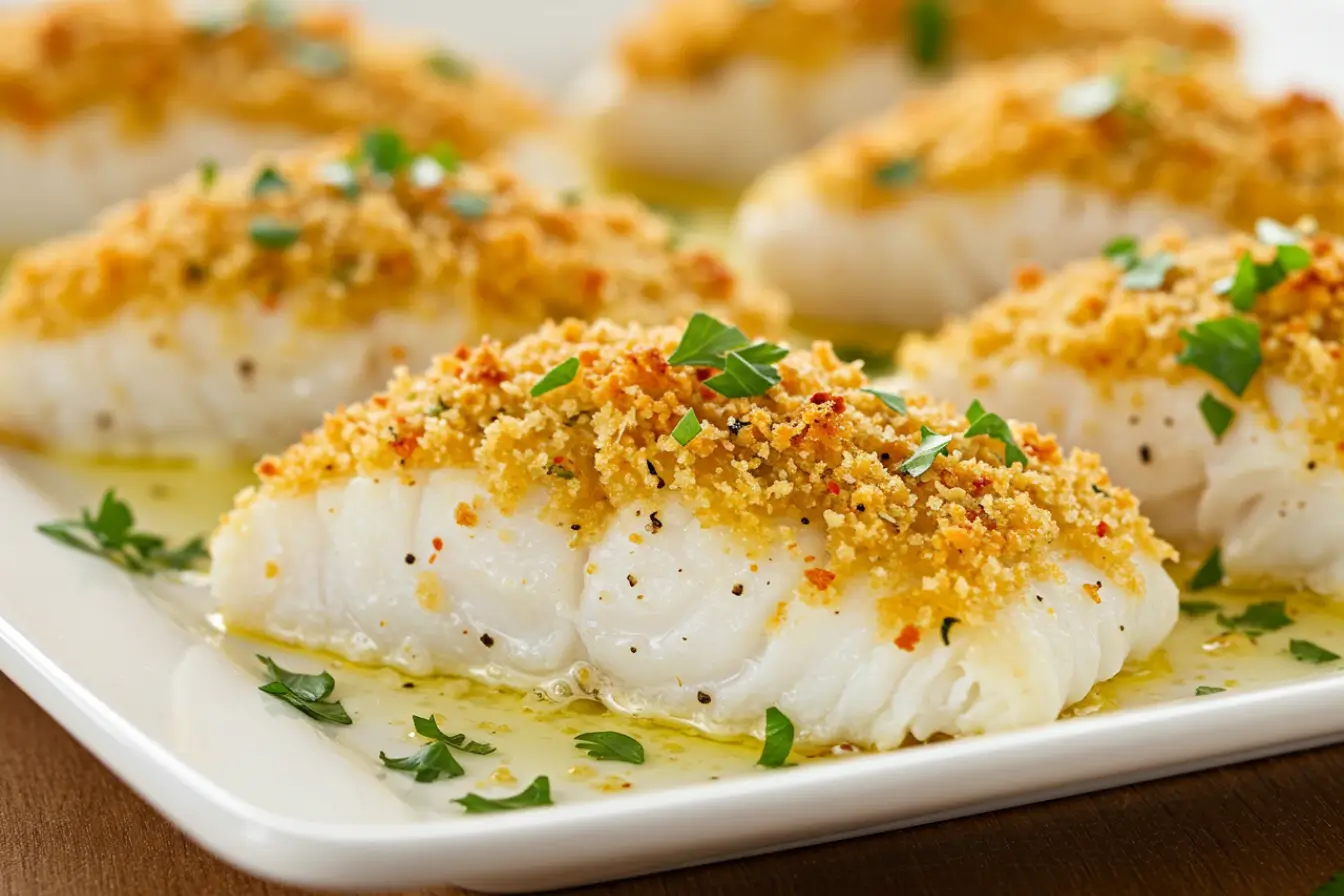 Boston baked cod with buttery breadcrumb topping on a white platter, flaky white fish with parsley and lemon butter sauce