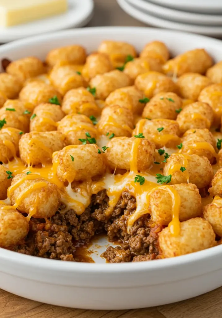 Tater Tots Casserole 4 Cheesy tater tots casserole, crispy tots drizzled with cheddar, creamy ground beef layer showing, family-friendly weeknight comfort dinner