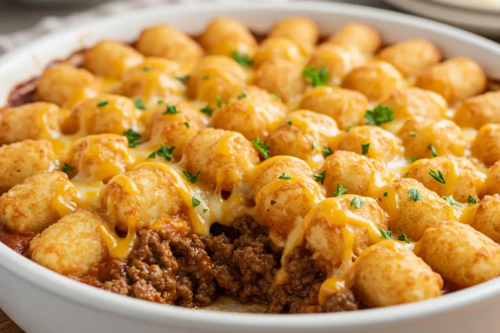 Tater tots casserole baked in a round white dish, golden crispy tots, melted cheddar, parsley on top, a scoop revealing savory ground beef filling