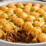 Tater Tots Casserole 5 Tater tots casserole baked in a round white dish, golden crispy tots, melted cheddar, parsley on top, a scoop revealing savory ground beef filling