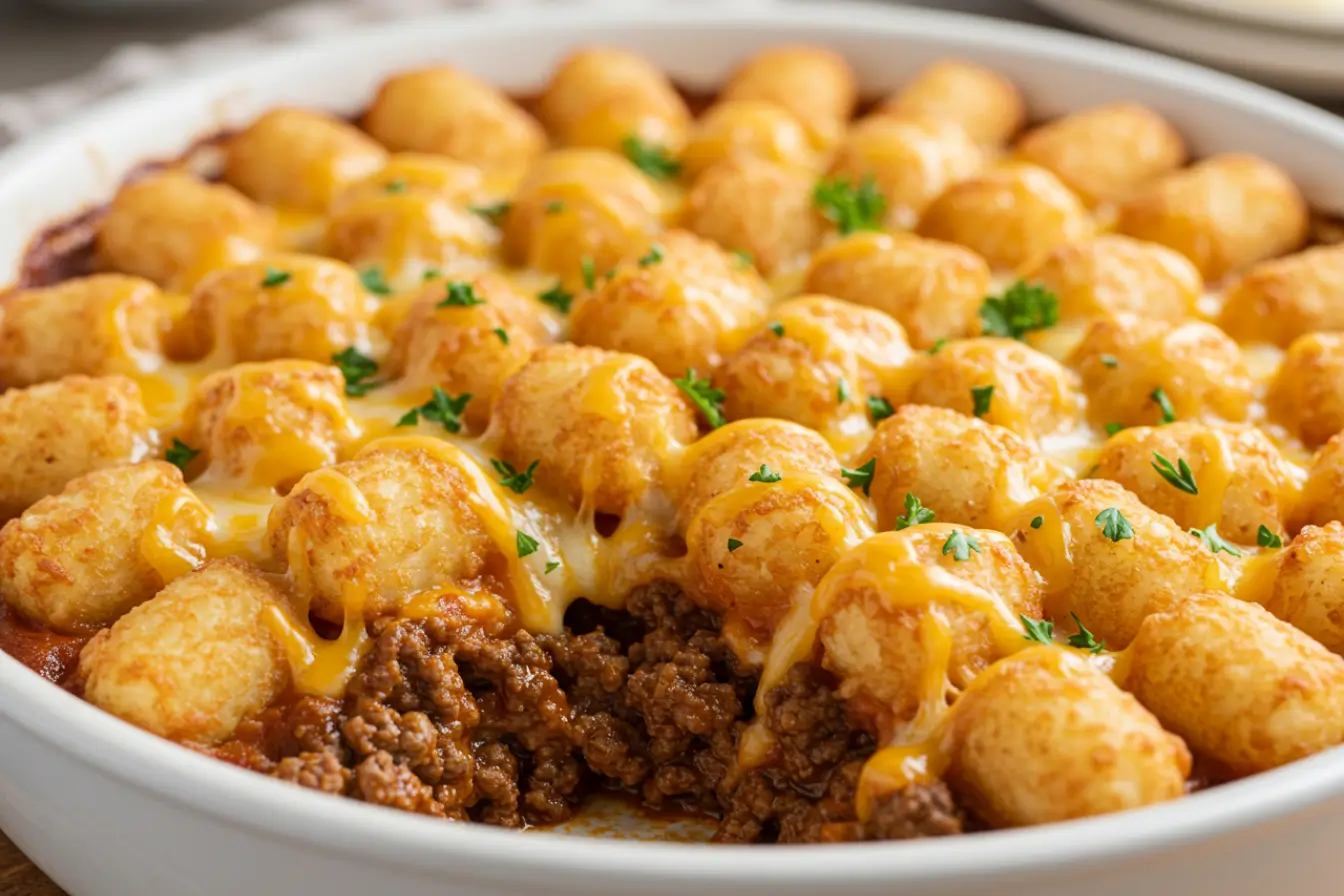 Tater Tots Casserole 3 Tater tots casserole baked in a round white dish, golden crispy tots, melted cheddar, parsley on top, a scoop revealing savory ground beef filling