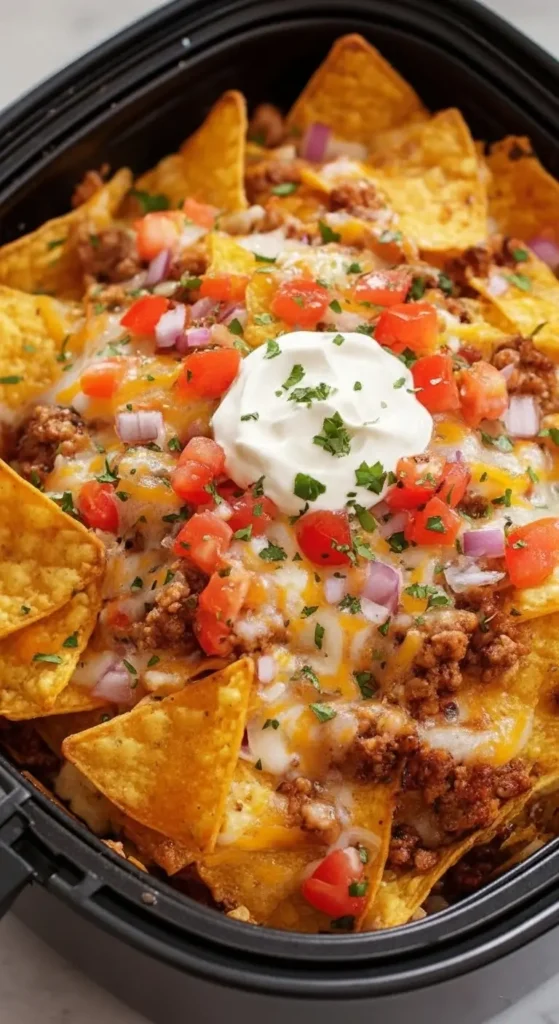 Loaded Air Fryer Nachos, crispy tortilla chips layered with gooey cheese, taco meat, pico de gallo, onions, cilantro, and sour cream