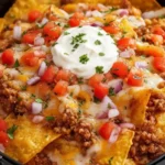 Air Fryer Nachos with tortilla chips, melted cheese, seasoned ground beef, diced tomatoes, red onion, cilantro, and a dollop of sour cream