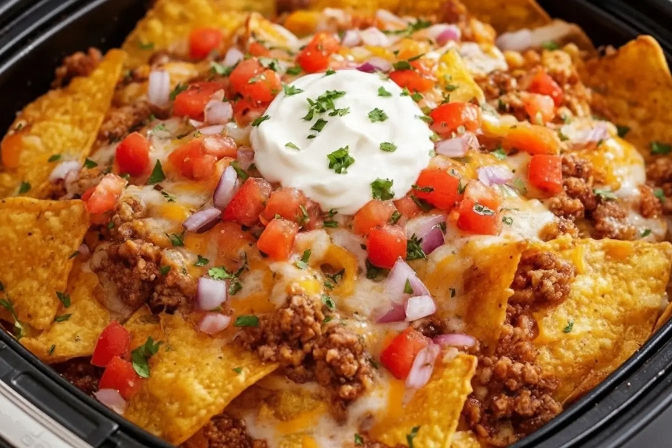 Air Fryer Nachos with tortilla chips, melted cheese, seasoned ground beef, diced tomatoes, red onion, cilantro, and a dollop of sour cream