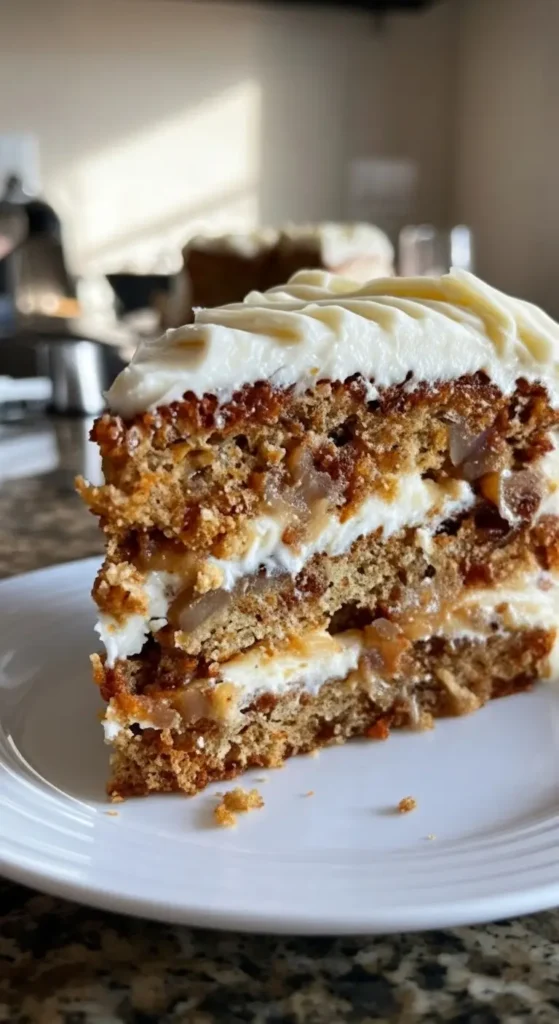 Homemade Apple Cake with Cream Cheese Frosting, spiced apple layers and creamy topping, cozy fall dessert.