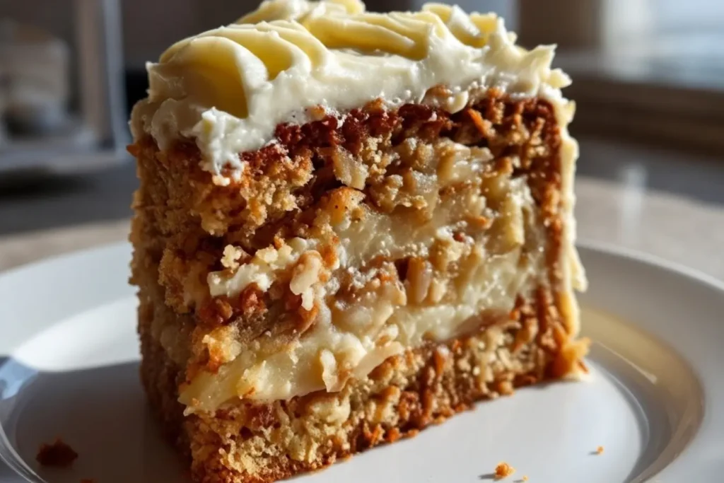 Slice of Apple Cake with Cream Cheese Frosting on a white plate, moist layers with cinnamon and apple.