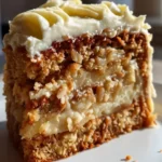 Slice of Apple Cake with Cream Cheese Frosting on a white plate, moist layers with cinnamon and apple.