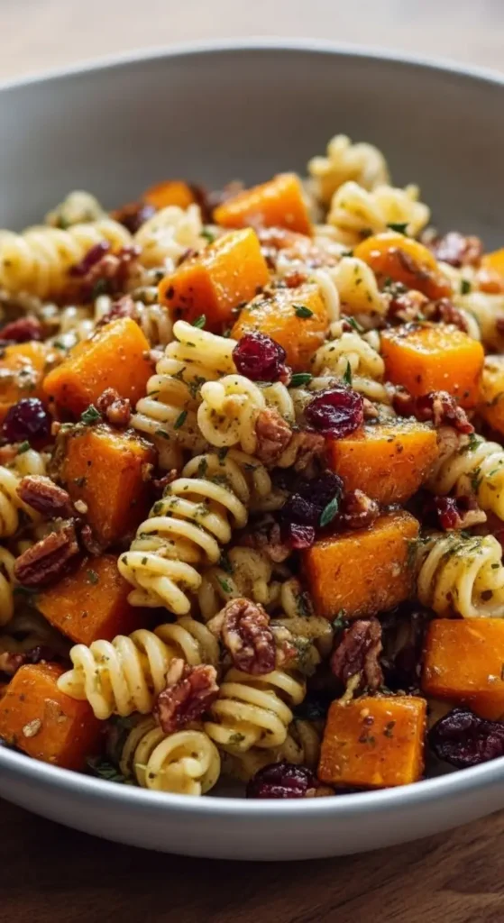 Close-up of Autumn Harvest Fall Pasta Salad featuring rotini pasta, caramelized squash, cranberries, toasted pecans, fresh herbs, cozy fall side.