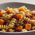 Autumn Harvest Fall Pasta Salad with rotini, roasted butternut squash, dried cranberries, pecans, and maple dijon dressing in a gray bowl.