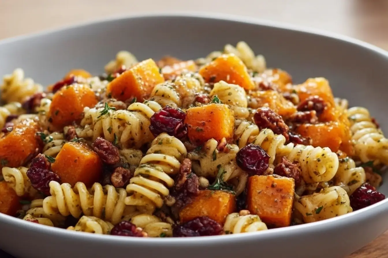 Autumn Harvest Fall Pasta Salad with rotini, roasted butternut squash, dried cranberries, pecans, and maple dijon dressing in a gray bowl.