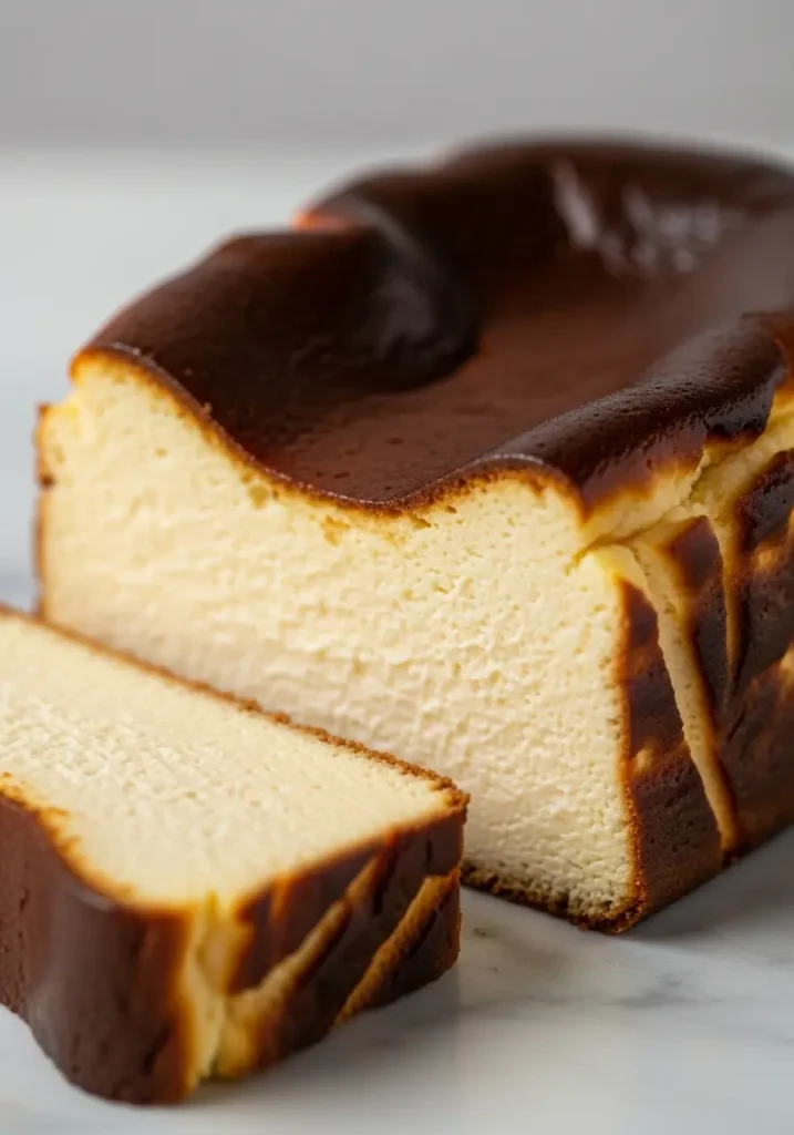 Closeup of Basque cheesecake cut in half, golden burnt surface, silky cheesecake interior, classic dessert recipe for home baking