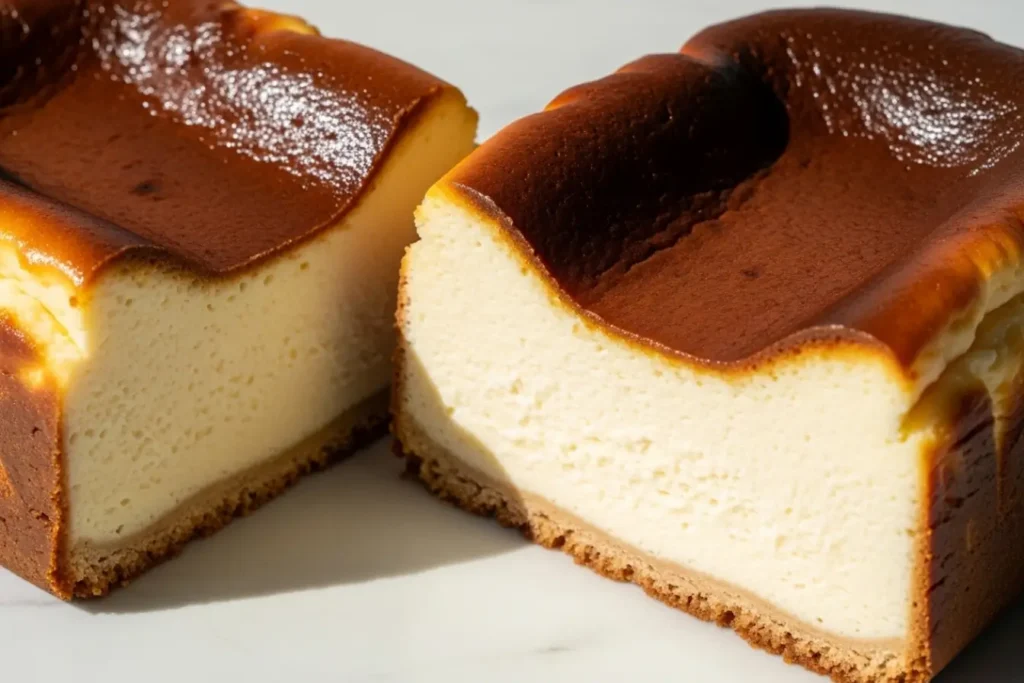 Burnt Basque Cheesecake with caramelized top and creamy center, rustic no crust slice on marble, easy one pan cheesecake recipe