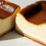 Burnt Basque Cheesecake with caramelized top and creamy center, rustic no crust slice on marble, easy one pan cheesecake recipe