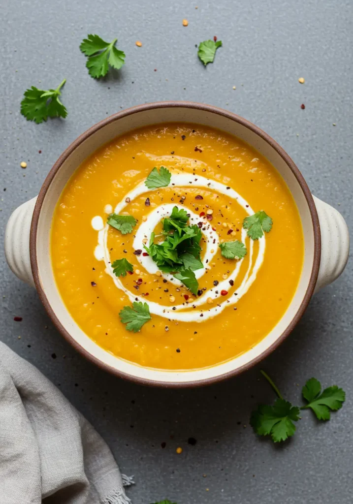 Spicy Butternut Squash Sweet Potato Soup 4 Smooth Butternut Squash Sweet Potato Soup in a ceramic bowl, garnished with fresh cilantro and pepper, easy weeknight dinner idea