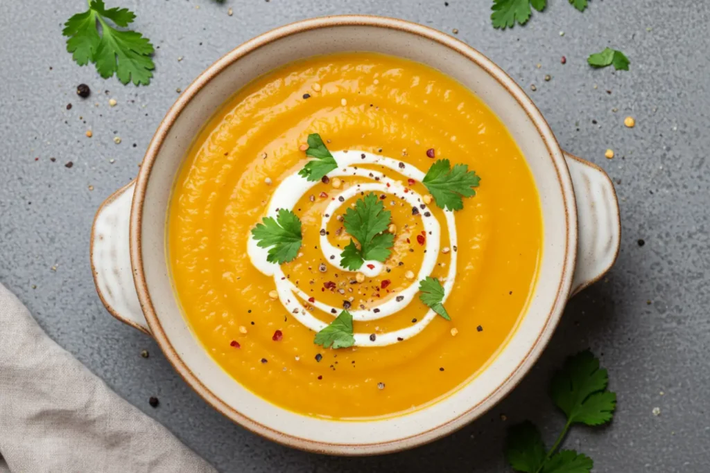 Overhead bowl of creamy Butternut Squash Sweet Potato Soup with a swirl of cream, cilantro leaves, and chili flakes, cozy healthy fall comfort