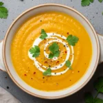 Spicy Butternut Squash Sweet Potato Soup 5 Overhead bowl of creamy Butternut Squash Sweet Potato Soup with a swirl of cream, cilantro leaves, and chili flakes, cozy healthy fall comfort