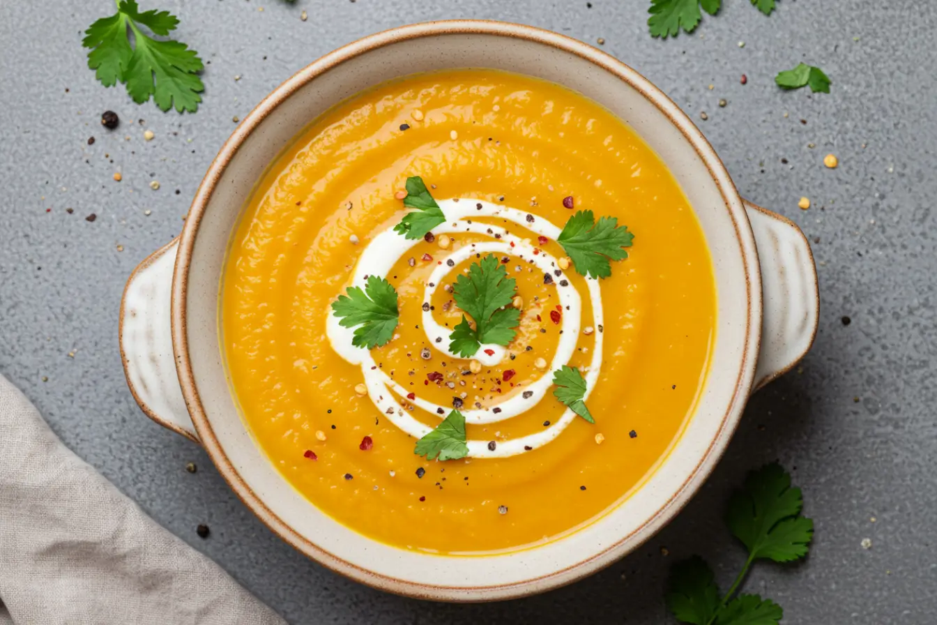 Spicy Butternut Squash Sweet Potato Soup 3 Overhead bowl of creamy Butternut Squash Sweet Potato Soup with a swirl of cream, cilantro leaves, and chili flakes, cozy healthy fall comfort