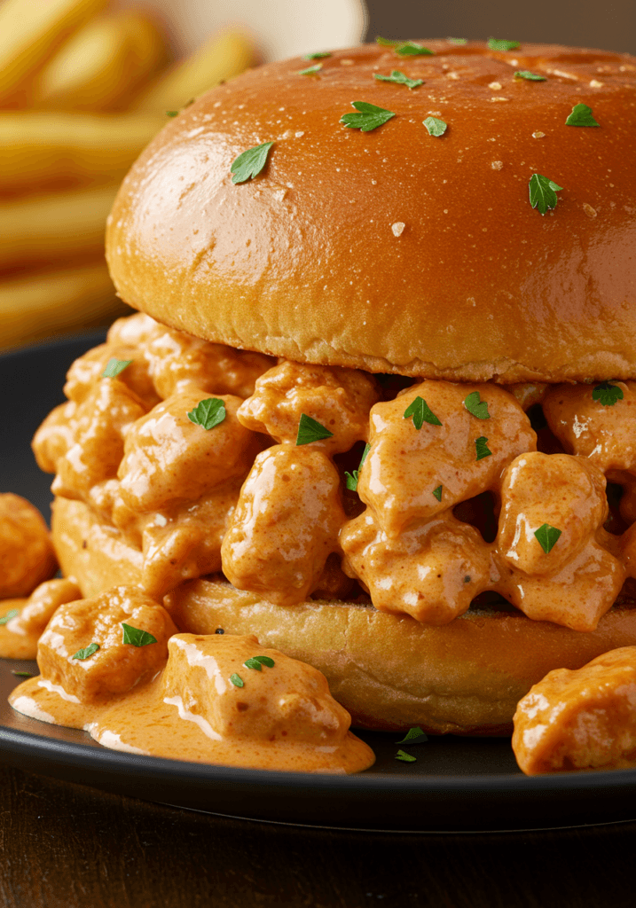 Close-up of creamy Cajun Chicken Sloppy Joes, saucy ground chicken piled on brioche bun, quick skillet dinner idea