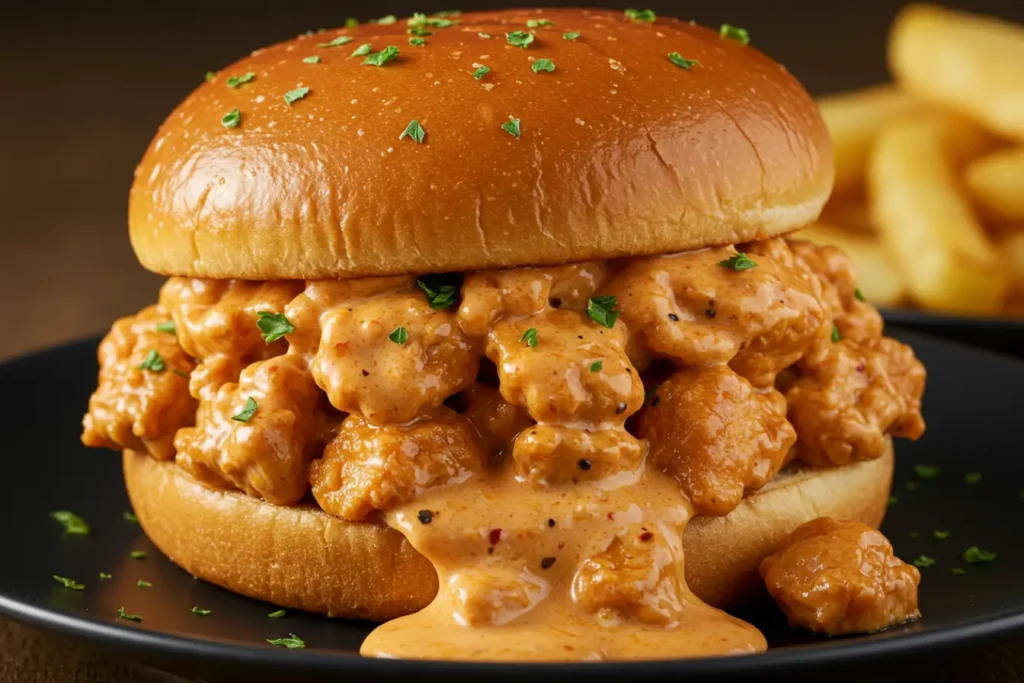 Cajun Chicken Sloppy Joes on a shiny toasted bun, creamy spicy sauce, parsley garnish, easy weeknight ground chicken recipe