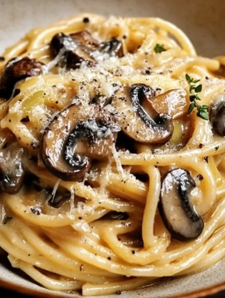 Bowl of creamy Caramelized Leek and Mushroom Gruyere Pasta with glossy spaghetti, pan seared mushrooms, thyme, and grated cheese