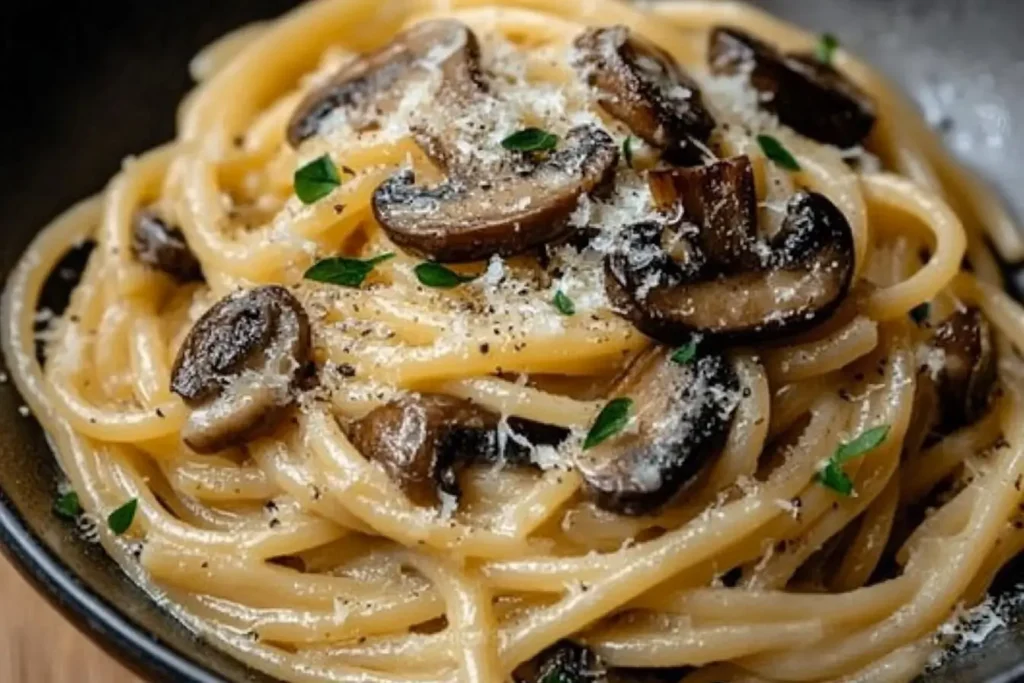 Caramelized Leek and Mushroom Gruyere Pasta twirled on a plate, creamy sauce, sautéed mushrooms, fresh herbs, and a light cheese sprinkle