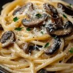 Caramelized Leek and Mushroom Gruyere Pasta twirled on a plate, creamy sauce, sautéed mushrooms, fresh herbs, and a light cheese sprinkle