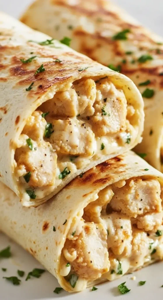 Creamy cheesy garlic chicken wraps in warm tortillas, golden sear on chicken, family friendly lunch or dinner, quick skillet recipe
