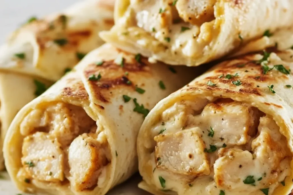 Close-up of cheesy garlic chicken wraps with creamy sauce and fresh parsley folded in toasted tortillas, easy weeknight dinner idea