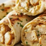Close-up of cheesy garlic chicken wraps with creamy sauce and fresh parsley folded in toasted tortillas, easy weeknight dinner idea