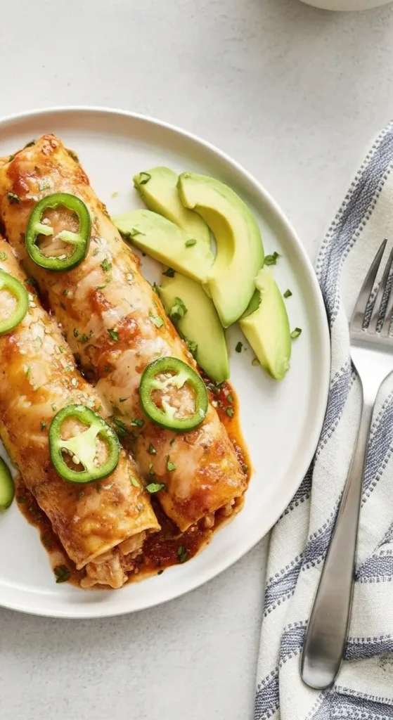 Easy Chicken Enchiladas Recipe, cheesy oven baked tortillas filled with shredded chicken, topped with fresh jalapeños