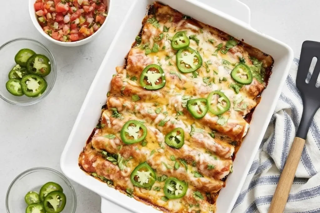 Chicken Enchiladas Recipe, baked casserole with melted cheese, jalapeño slices, and red enchilada sauce in a white dish
