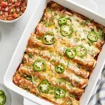 Chicken Enchiladas Recipe, baked casserole with melted cheese, jalapeño slices, and red enchilada sauce in a white dish
