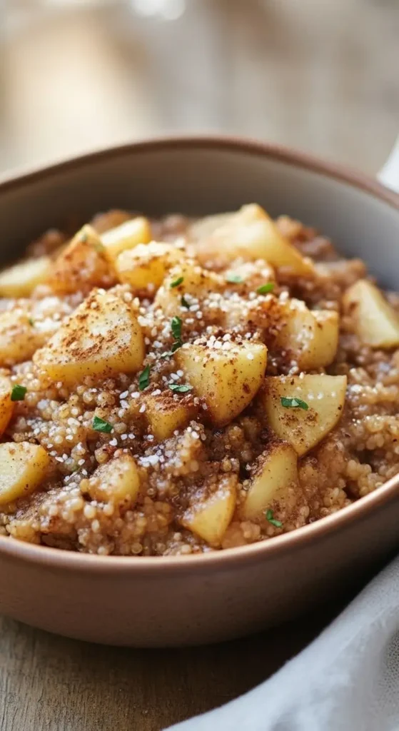 Healthy Cinnamon Apple Breakfast Quinoa in a rustic bowl, fluffy grains with warm spices and diced apples for a gluten free breakfast