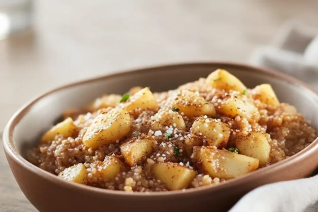 Bowl of Cinnamon Apple Breakfast Quinoa topped with tender apple chunks, a sprinkle of cinnamon, and fresh herbs for a cozy morning meal
