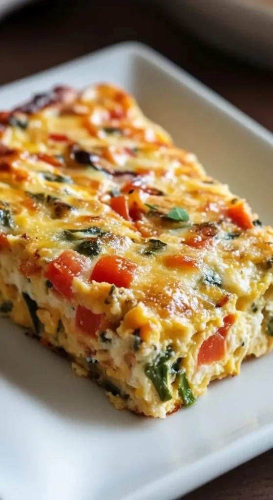 Cottage Cheese and Veggie Bake Recipe, healthy vegetarian casserole square with melty cheese and colorful vegetables, perfect brunch or meal prep