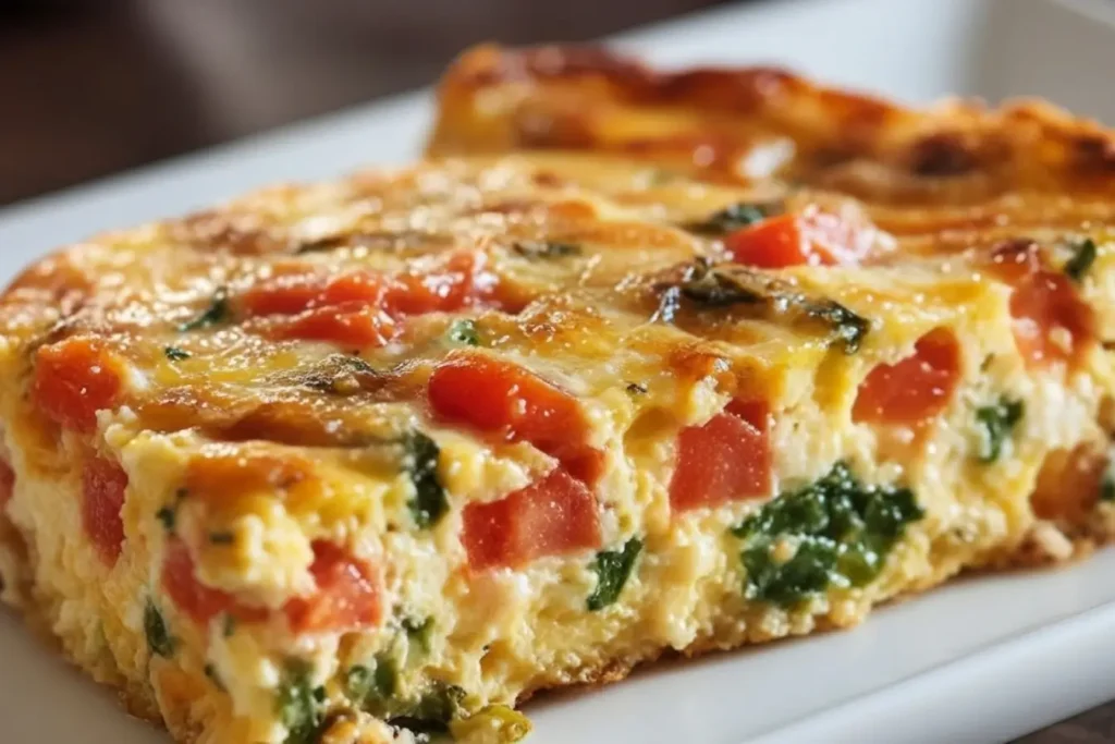 Cottage Cheese and Veggie Bake Recipe slice on a white plate, high protein breakfast casserole with eggs, spinach, and tomatoes, golden and bubbly