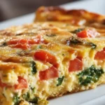 Cottage Cheese and Veggie Bake Recipe slice on a white plate, high protein breakfast casserole with eggs, spinach, and tomatoes, golden and bubbly