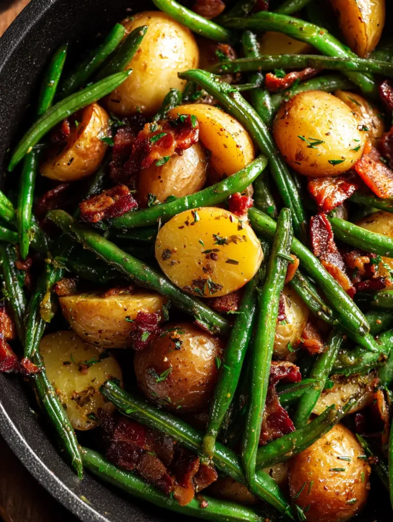 Close-up of Country Ranch Green Beans and Potatoes with Bacon, tender-crisp beans, browned potatoes, savory bacon, one pan comfort food