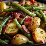 Country Ranch Green Beans and Potatoes with Bacon in a skillet, golden baby potatoes, crisp green beans, smoky bacon, ranch herbs, weeknight side